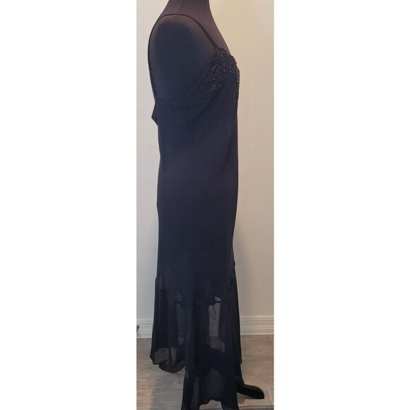 VTG California Dynasty Black Beaded Lace Chiffon Slip Dress L Asymmetrical Hem - Picture 3 of 10